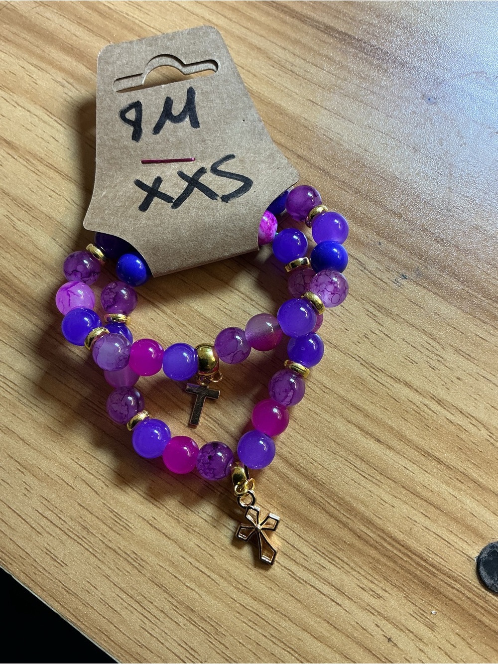 Kids Stretch Beaded Bracelet Set with Gold Cross Charms - Purple & Pink